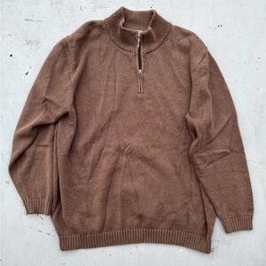Men's LL Bean Sweater Brown Solid Half-Zip 2XL Reg Cotton Heavyweight Collegiate